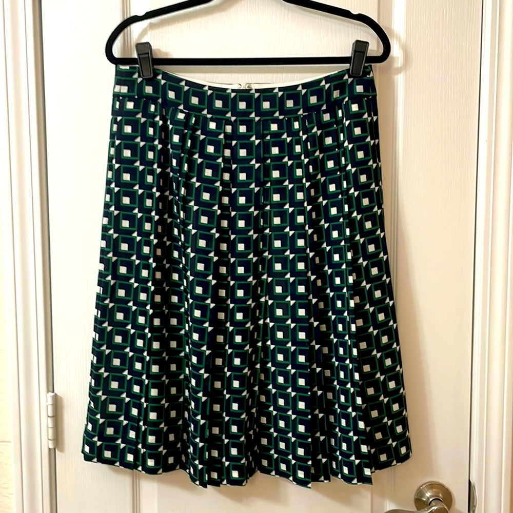 J. Crew NWOT pleated midi skirt geometric blue/green size 10